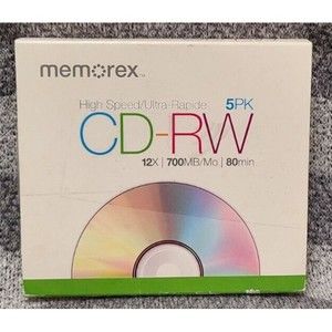 Memorex 5 Pack High Speed 12x CD-RW Media 700MB 80min Discs In Slim Cases Used